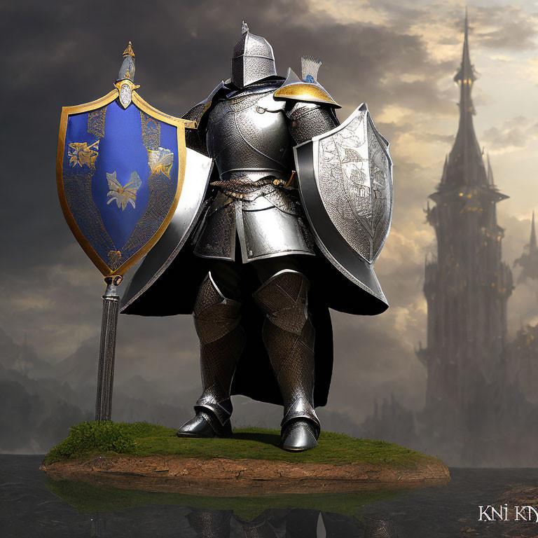 Knight in Shining Armor with Sword and Shields in Digital Art