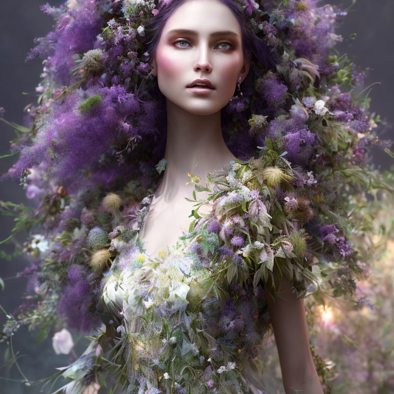 Woman with Lavish Purple and Green Floral Halo