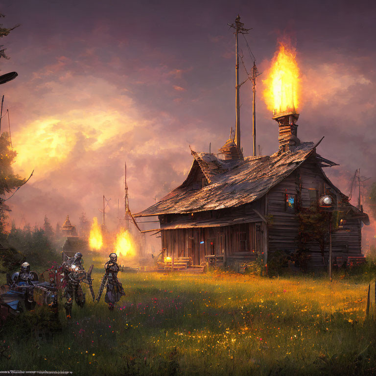 Medieval scene: wooden hut, knights, torches, tranquil field at dusk