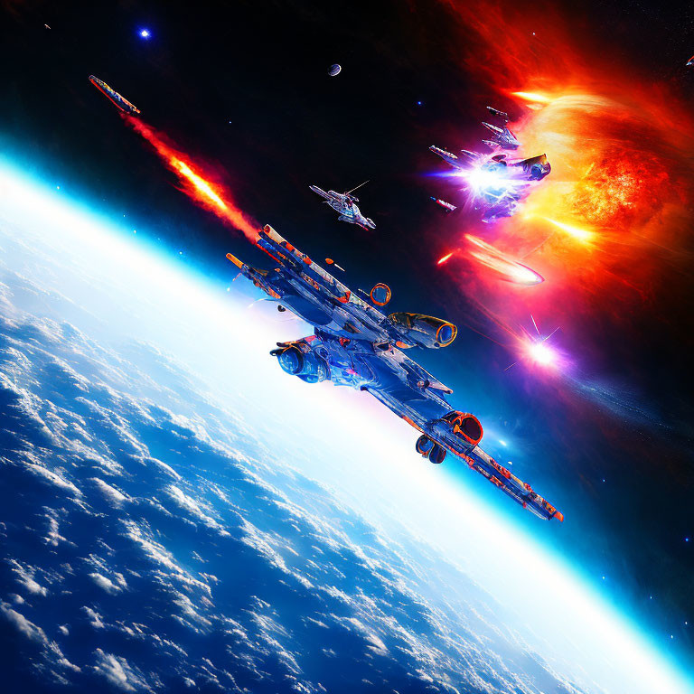 Colorful Nebula Backdrop: Dynamic Space Battle with Firing Spaceships