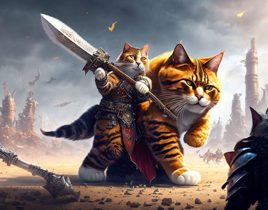 Armored cats with swords in fantasy battle scene
