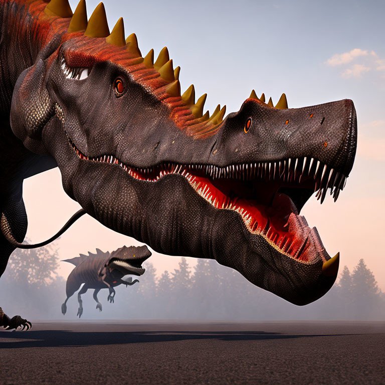 Two large CGI tyrannosaurus rex dinosaurs on a road