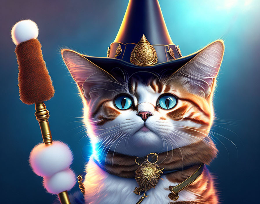 Cat Illustration: Blue-eyed feline in witch hat with sheriff badge and staff