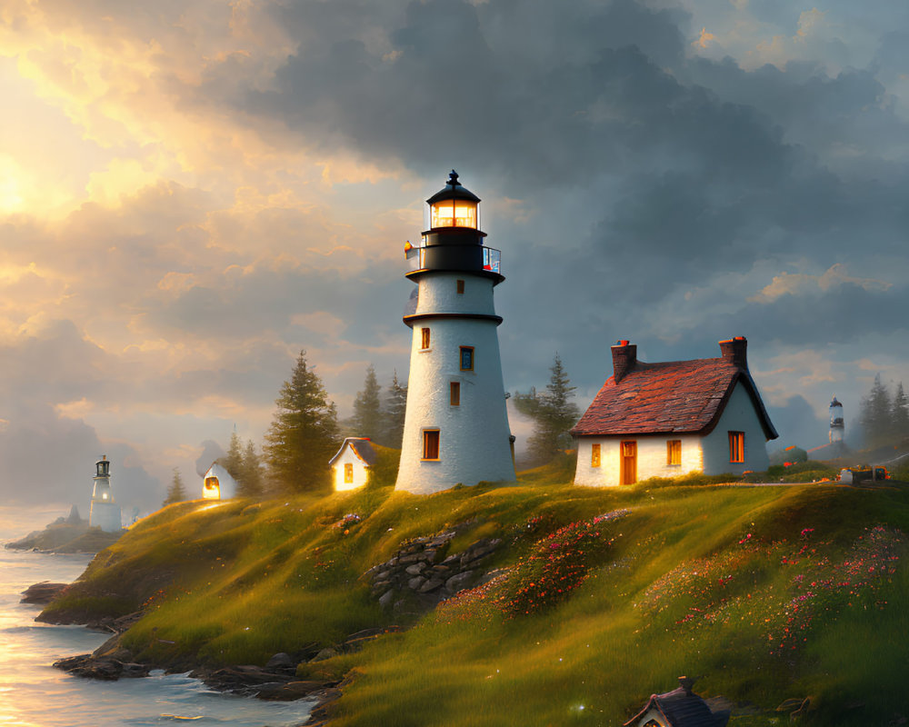 Coastal cliff sunset with lighthouse, houses, and wildflowers