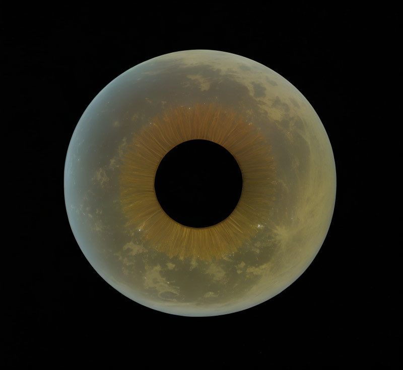 Circular black hole in textured gold ring on black background