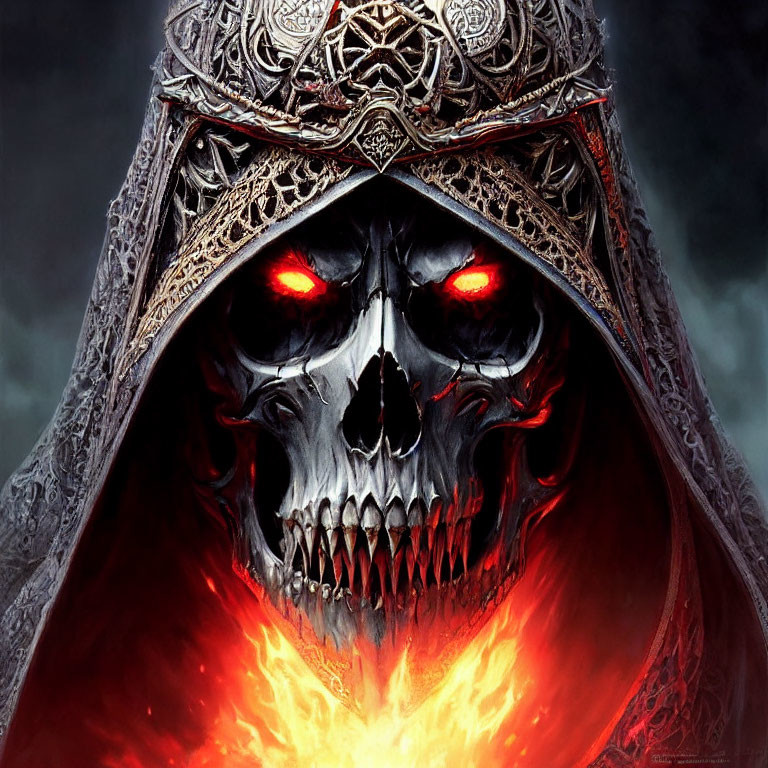Detailed Skull with Glowing Red Eyes and Metal Crown in Ornate Robes