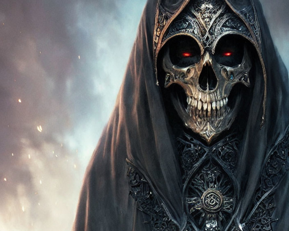 Hooded figure with skull face and glowing eyes in metallic armor holds sphere
