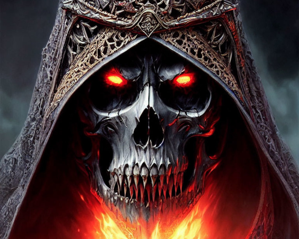 Detailed Skull with Glowing Red Eyes and Metal Crown in Ornate Robes
