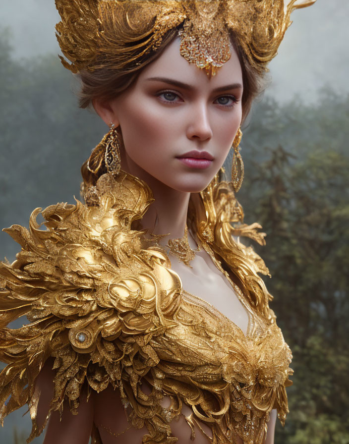 Intricate golden headpiece and shoulder armor on woman in misty background