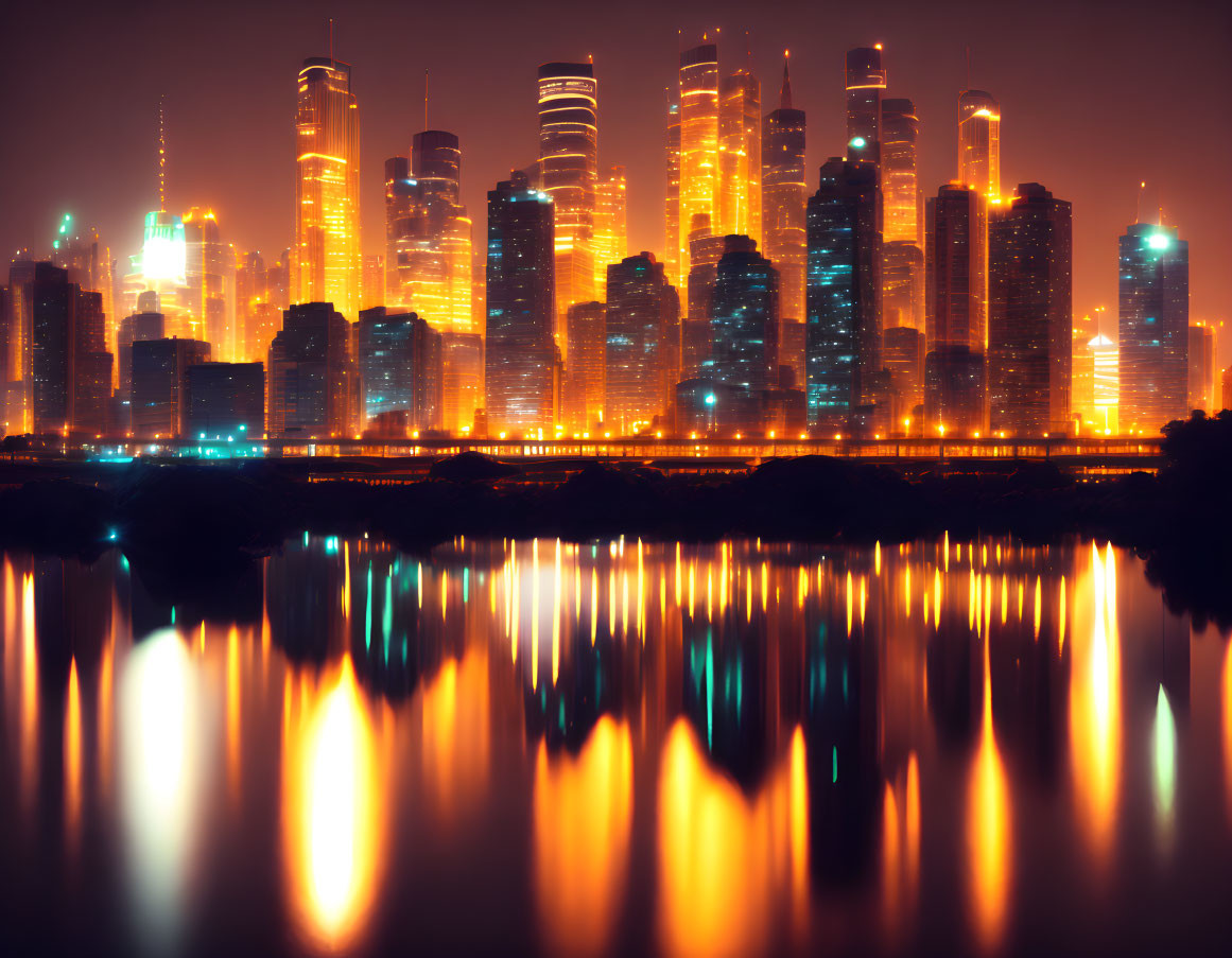 Vibrant city skyline at night with glowing skyscrapers reflected on water