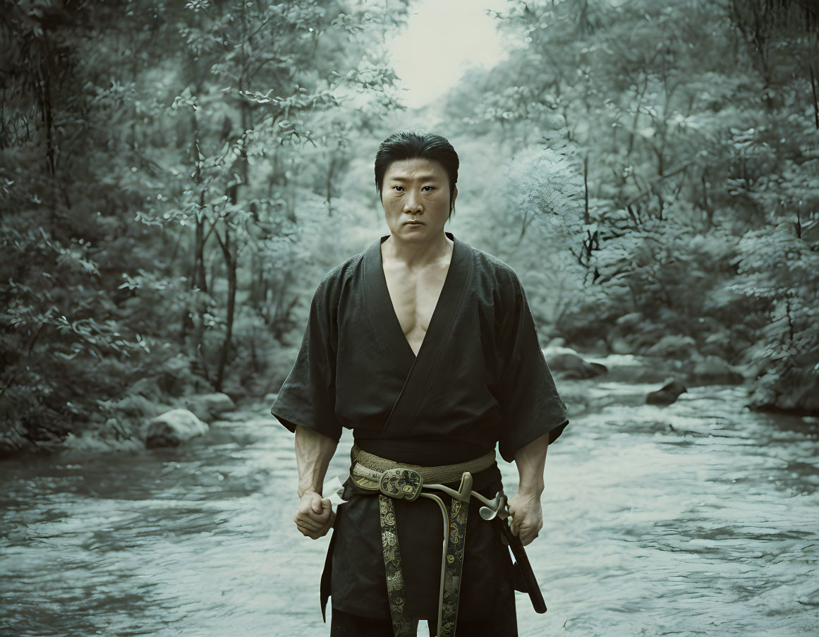Traditional Samurai Attire: Man Standing in Misty Forest Stream with Katana