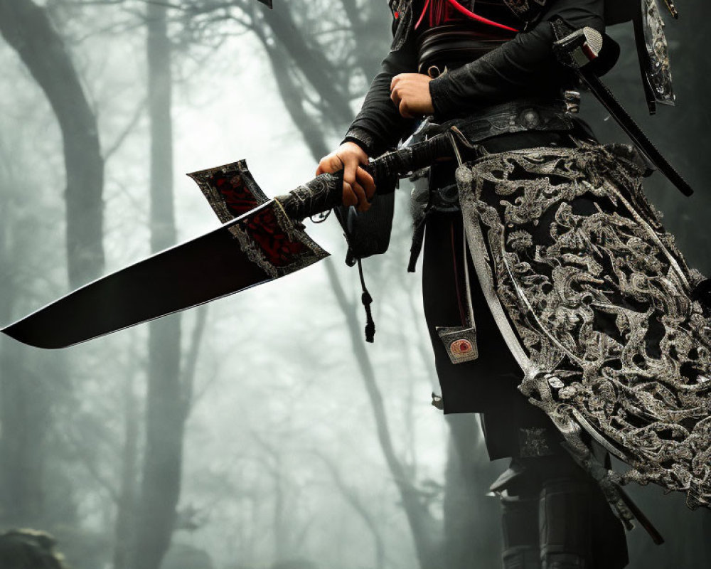 Ornate-armored warrior with red-tasseled sword in misty forest