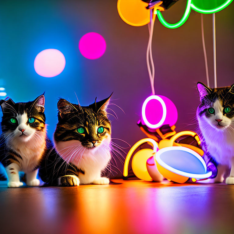 Three Cats Surrounded by Colorful Lights and Neon Headphones