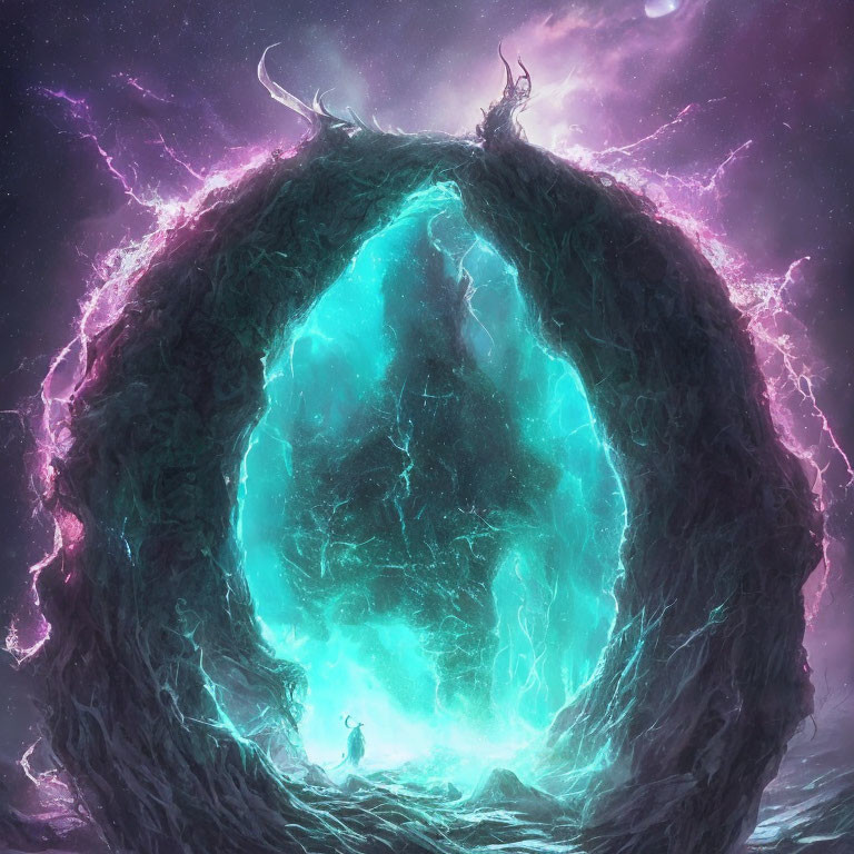 Fantastical cosmic portal with turquoise light and swirling clouds