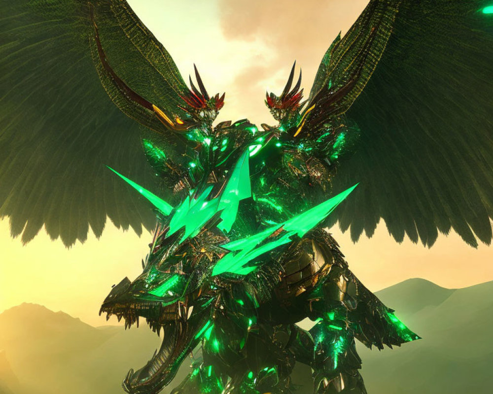 Green Crystal-Armored Dragon with Glowing Eyes and Neon Energy