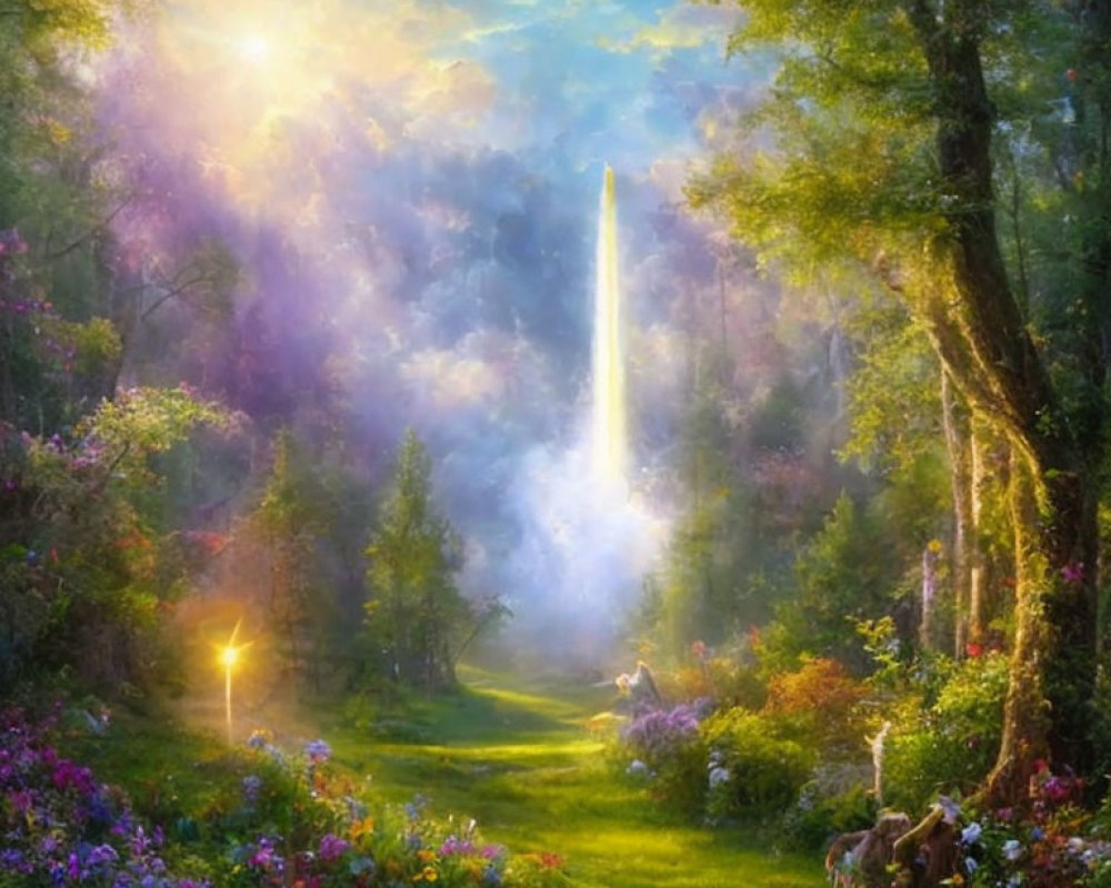 Enchanted forest with waterfall, flowers, and glowing lanterns