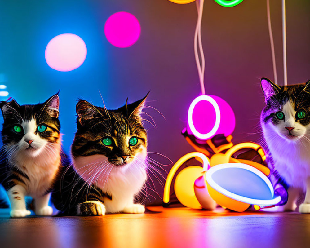 Three Cats Surrounded by Colorful Lights and Neon Headphones