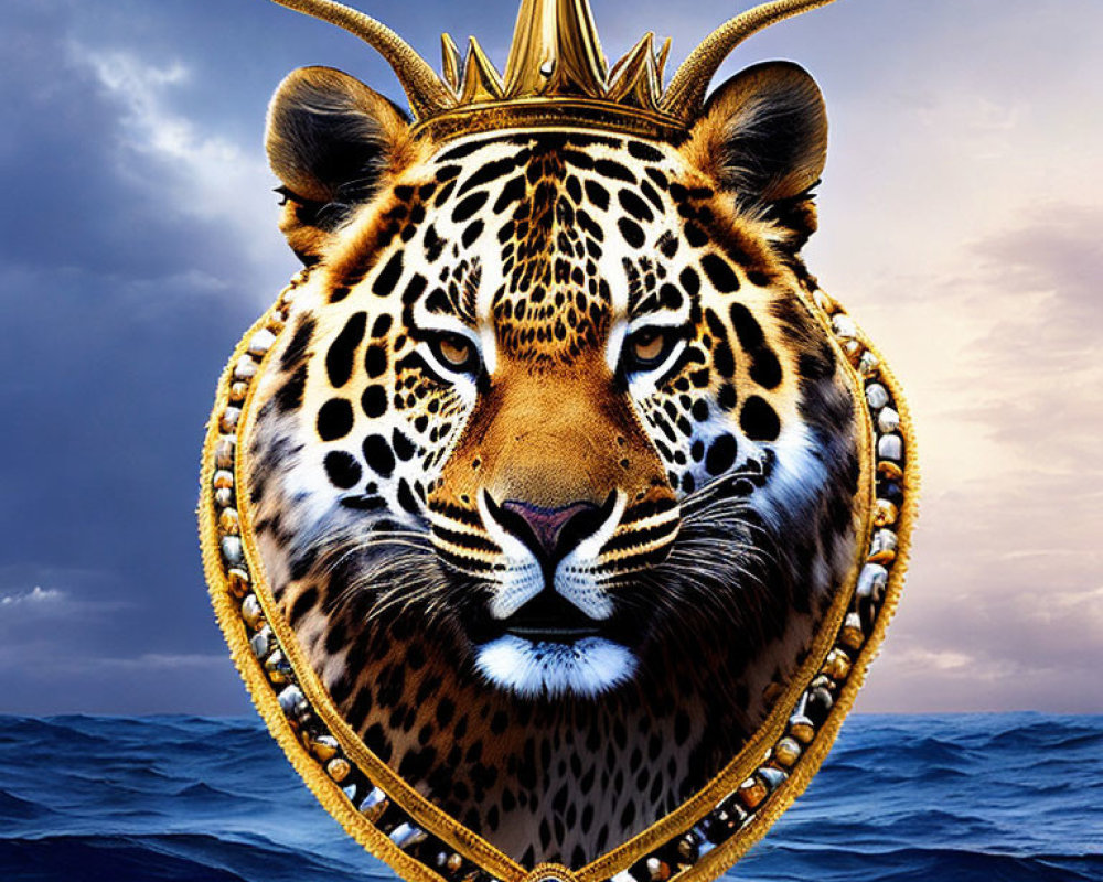 Leopard with golden crown and jewelry pendant on stormy sea background