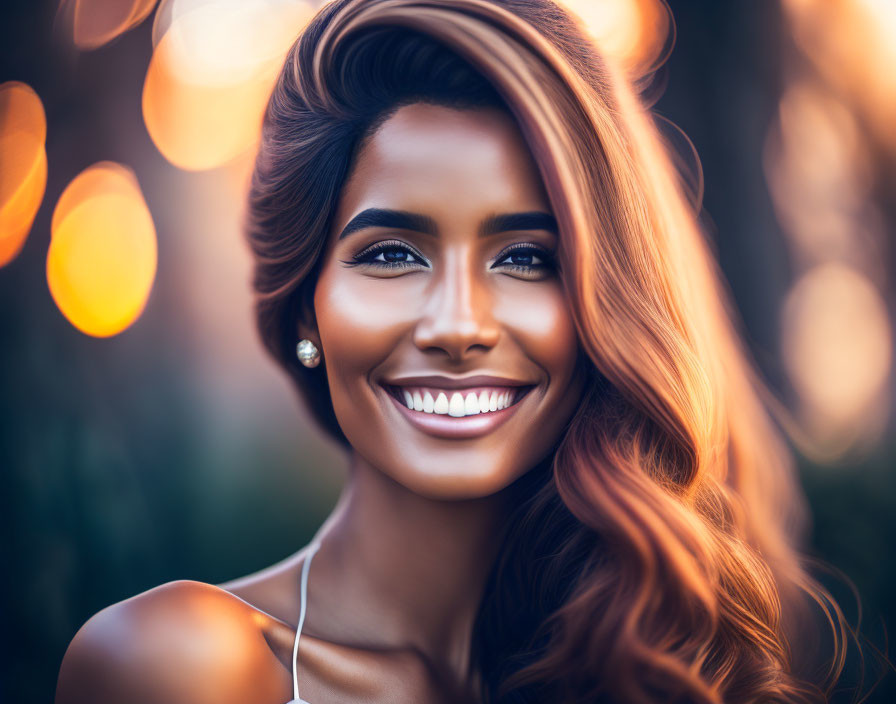 Smiling woman with radiant skin and flowing hair in warm, blurred setting