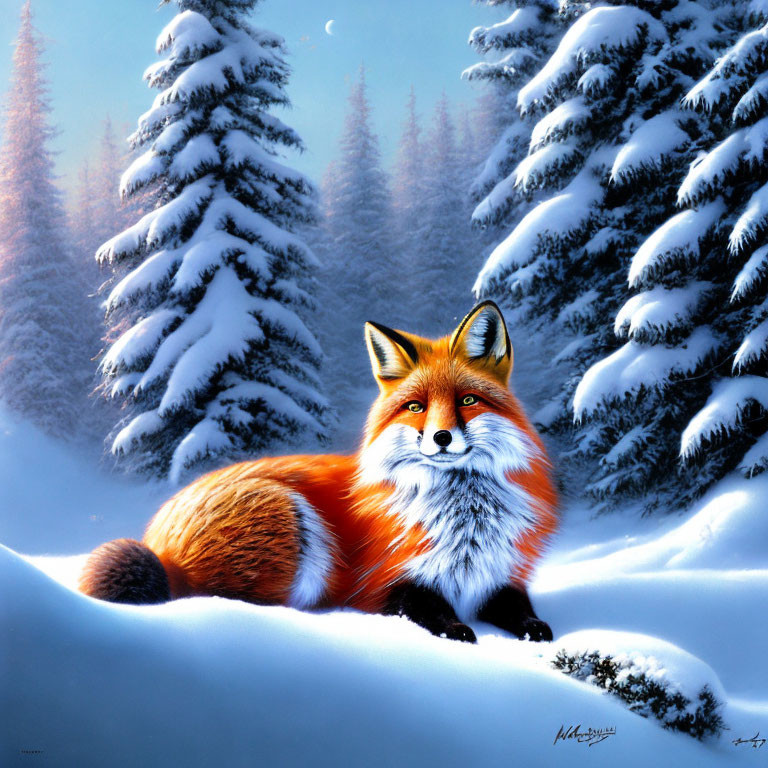 Red fox in serene snow-covered forest with misty evergreen trees