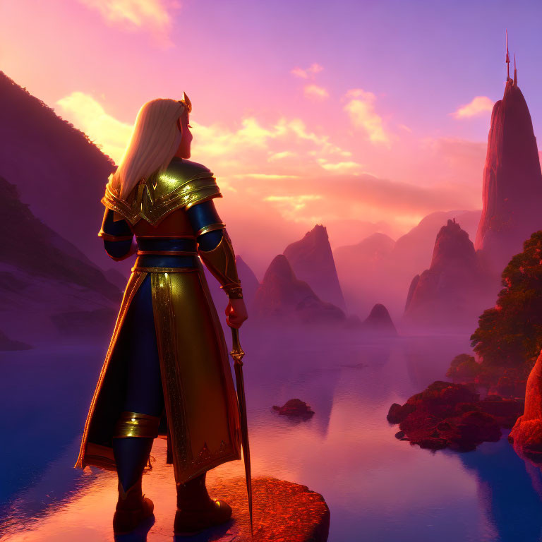 Blond character in blue armor with sword in fantasy sunset landscape