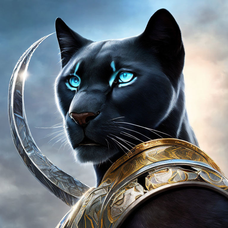 Majestic black panther with blue eyes in gold armor on stormy sky.