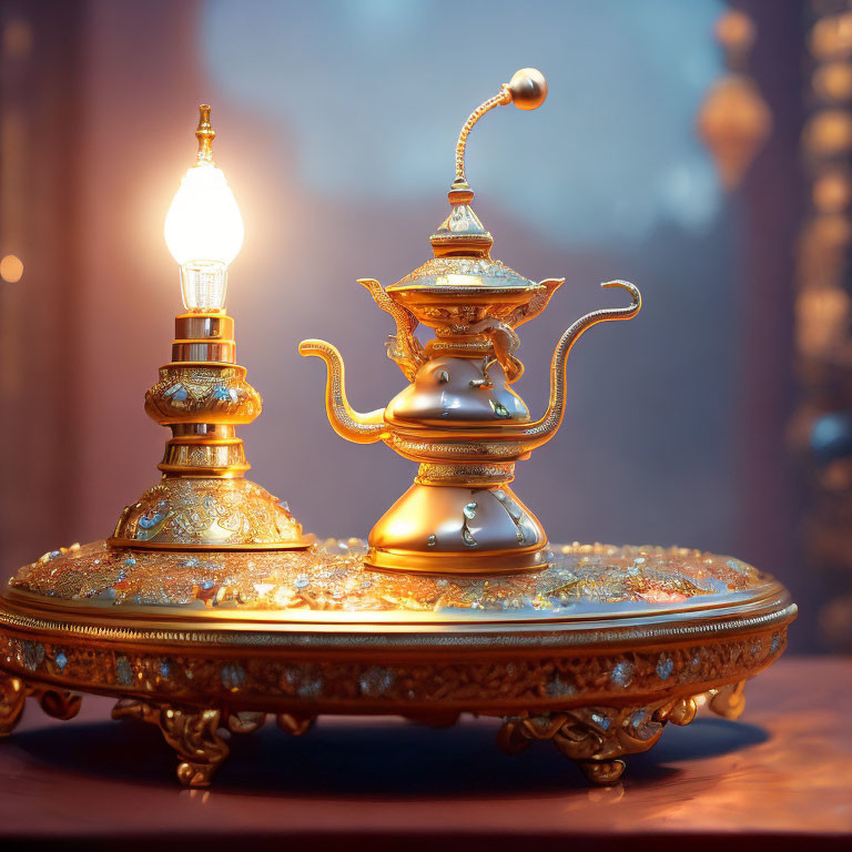 Intricately designed golden magic lamp on ornate tray against warm bokeh light
