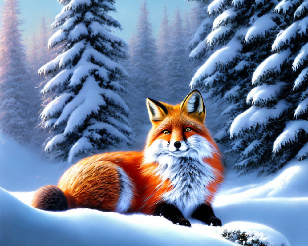 Red fox in serene snow-covered forest with misty evergreen trees