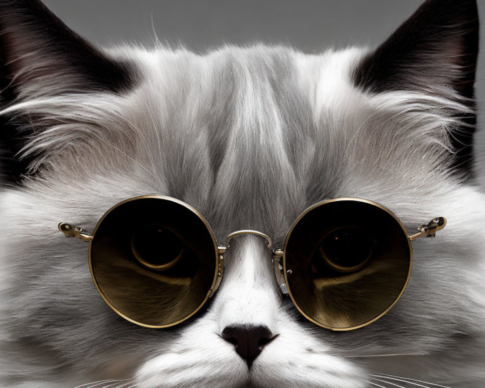 Fluffy white and grey cat in round golden sunglasses on grey background