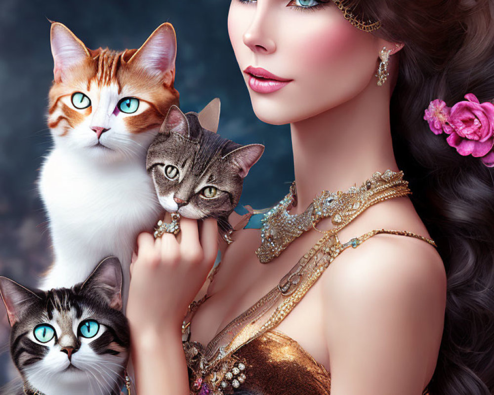 Woman with elaborate jewelry posing with three cats of vibrant eye colors