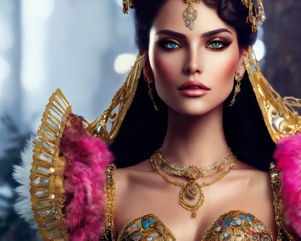 Elaborate Golden Jewelry and Luxurious Dress on Regal Woman
