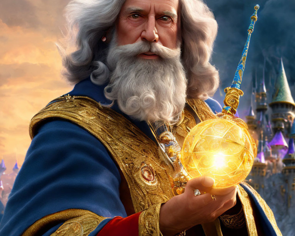 Bearded king in royal blue and gold robes with glowing orb and castle in background