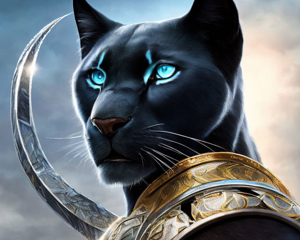 Majestic black panther with blue eyes in gold armor on stormy sky.