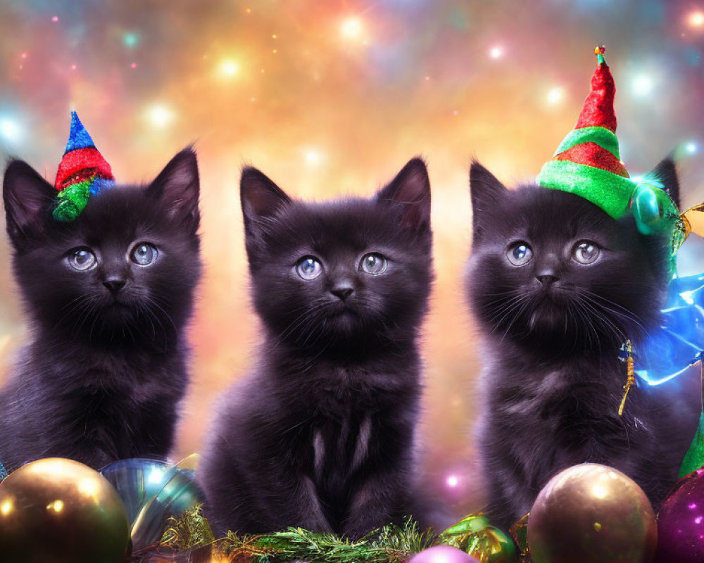 Three black kittens with party hats and Christmas ornaments on colorful, sparkling backdrop