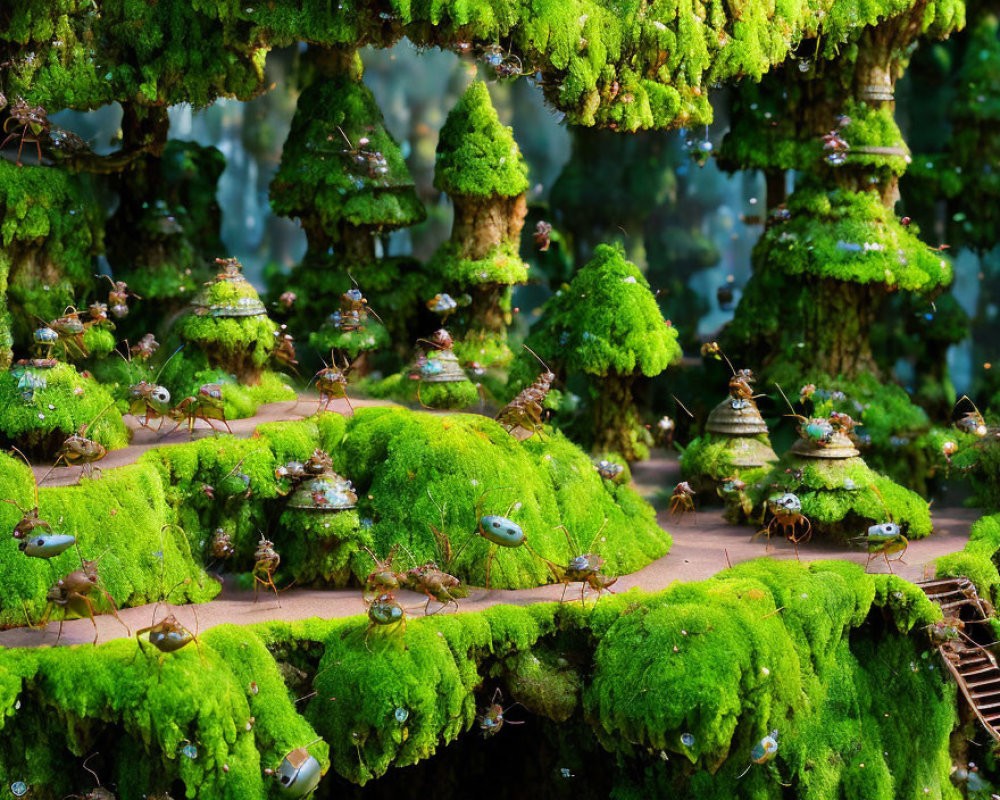 Miniature moss-covered hills with mechanical insect-like creatures on pathways.