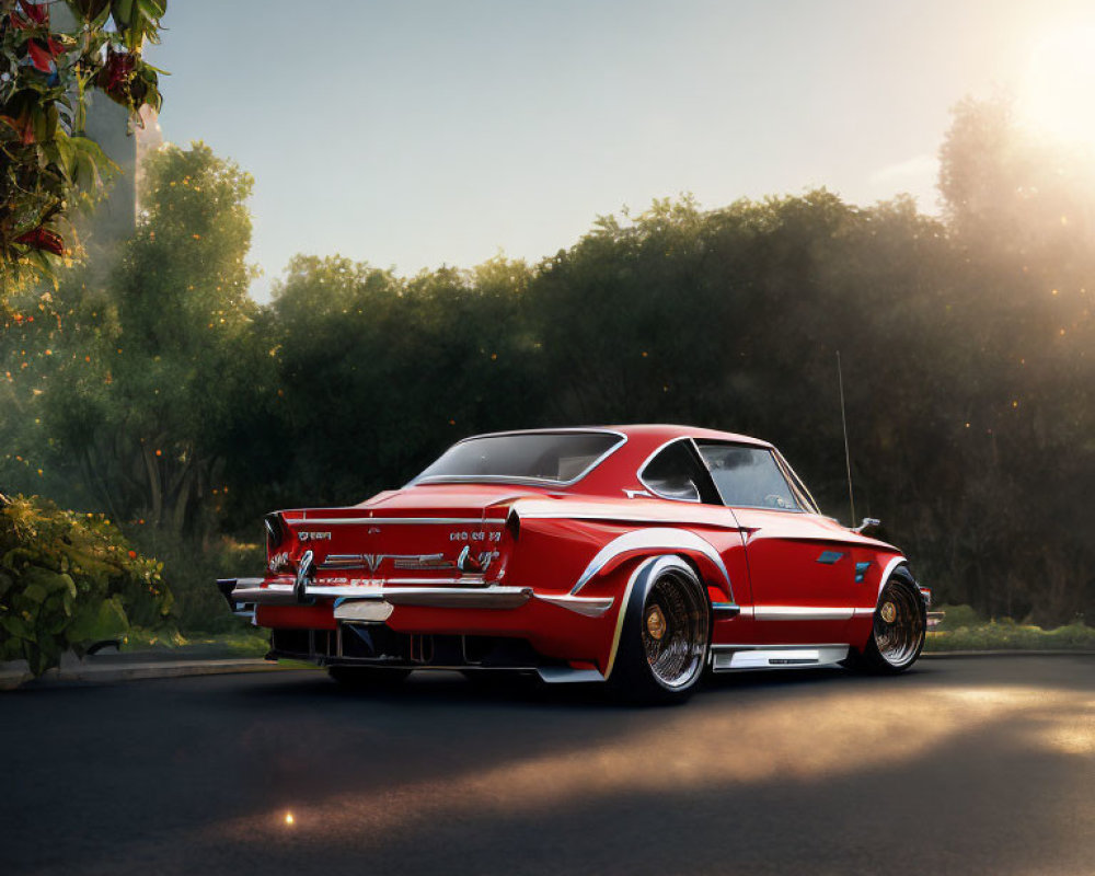 Vintage Red and White Coupe with Racing Stripes on Sunlit Road