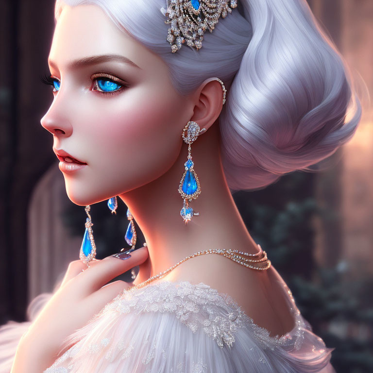 Digital Artwork: Woman with Pale Skin, Blue Eyes, Silver Hair, and Blue Gemstone Jewelry