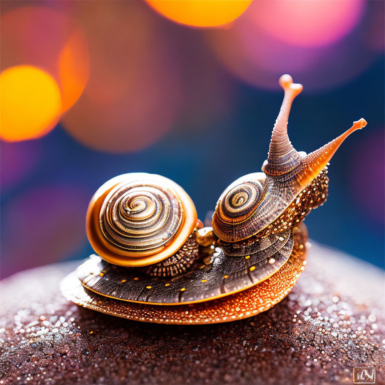 Close-Up Snail with Spiral Shell on Glittery Surface and Vibrant Bokeh Background
