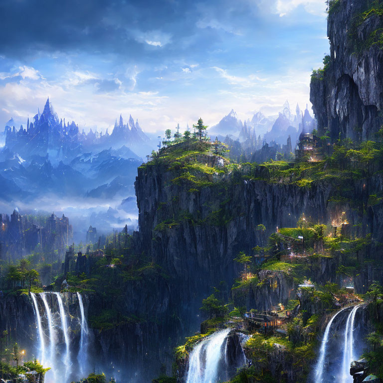 Misty waterfalls and lush cliffs in mountain landscape