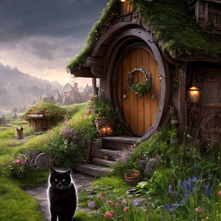 Whimsical countryside scene with hobbit-style house, cat, and rolling hills