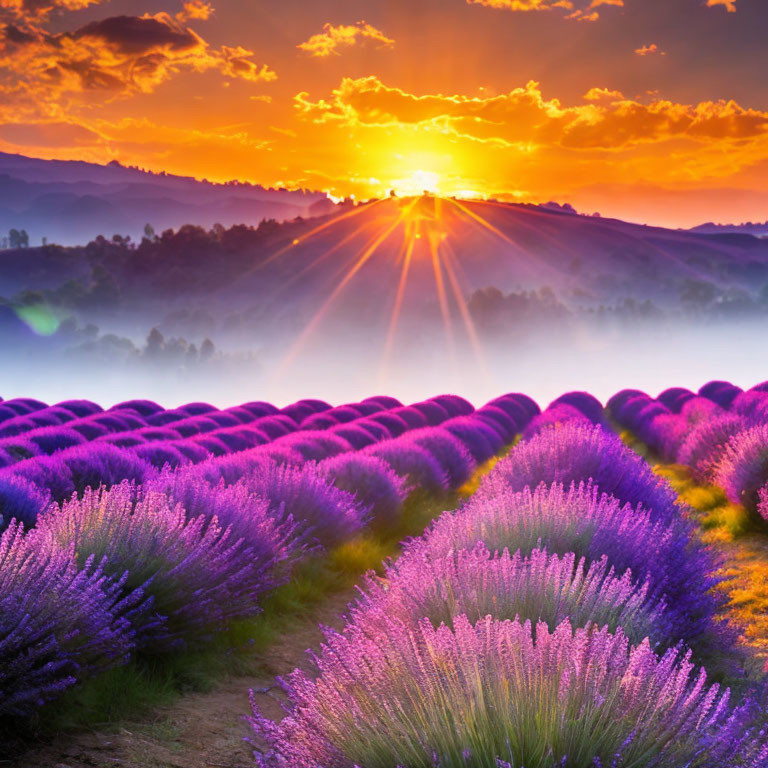 Scenic sunrise over purple lavender field and rolling hills