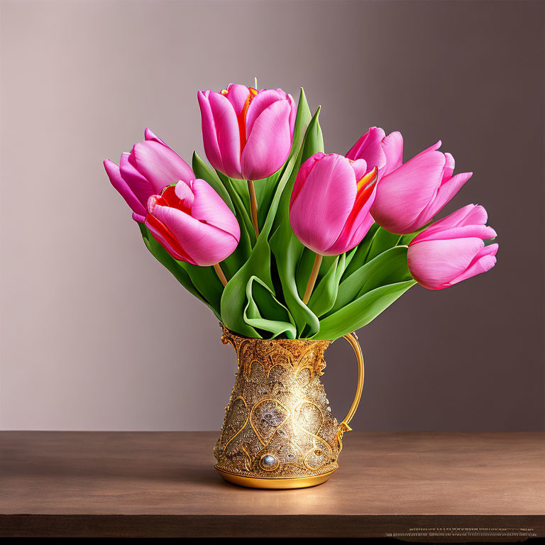Pink tulips in golden vase on gradient background