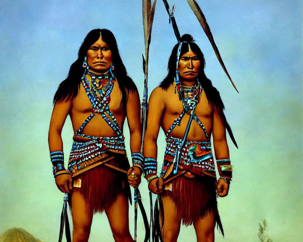 Native Americans in traditional attire with spears outdoors