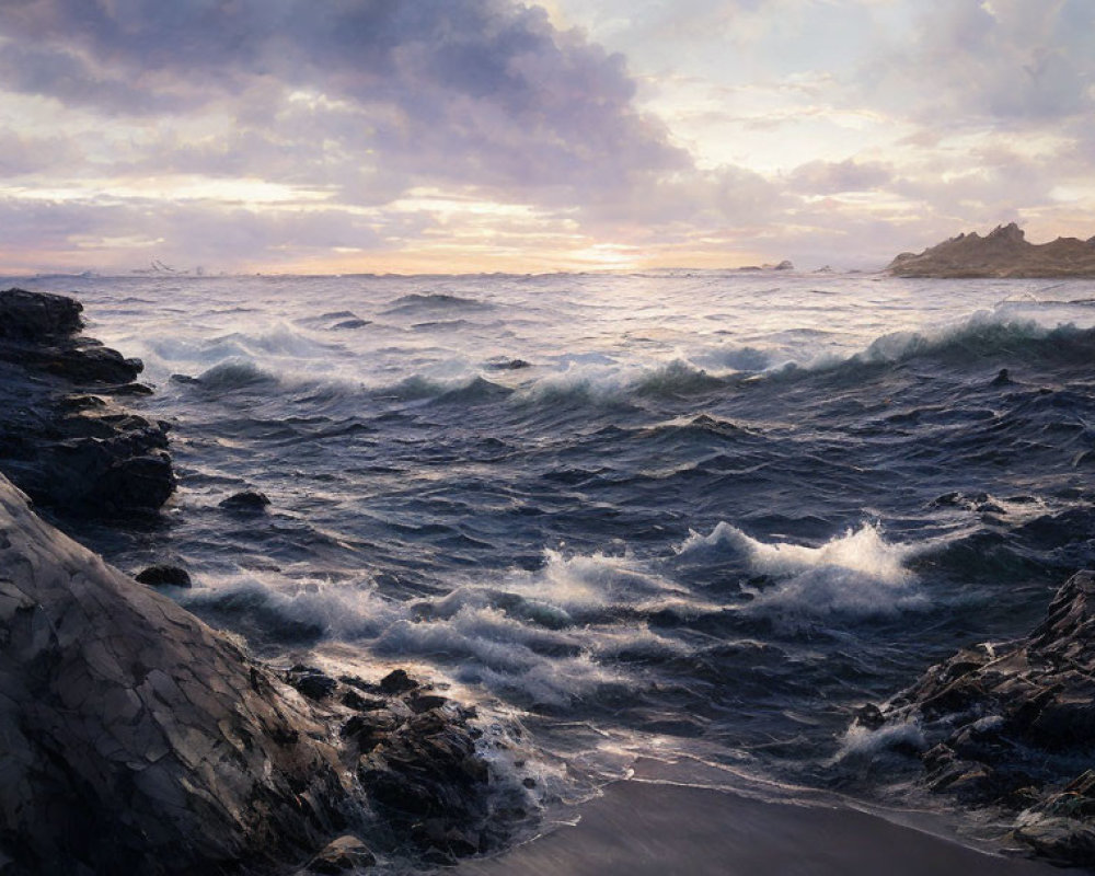 Twilight seascape with rough waves crashing on rocky shore