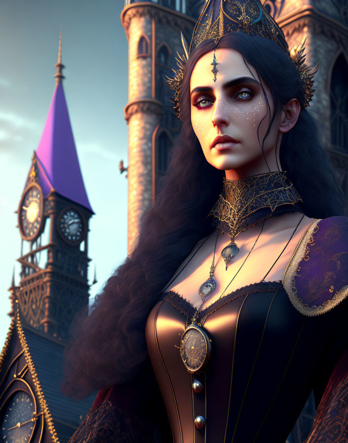 Dark-haired woman in gold jewelry by Gothic castle with purple spire
