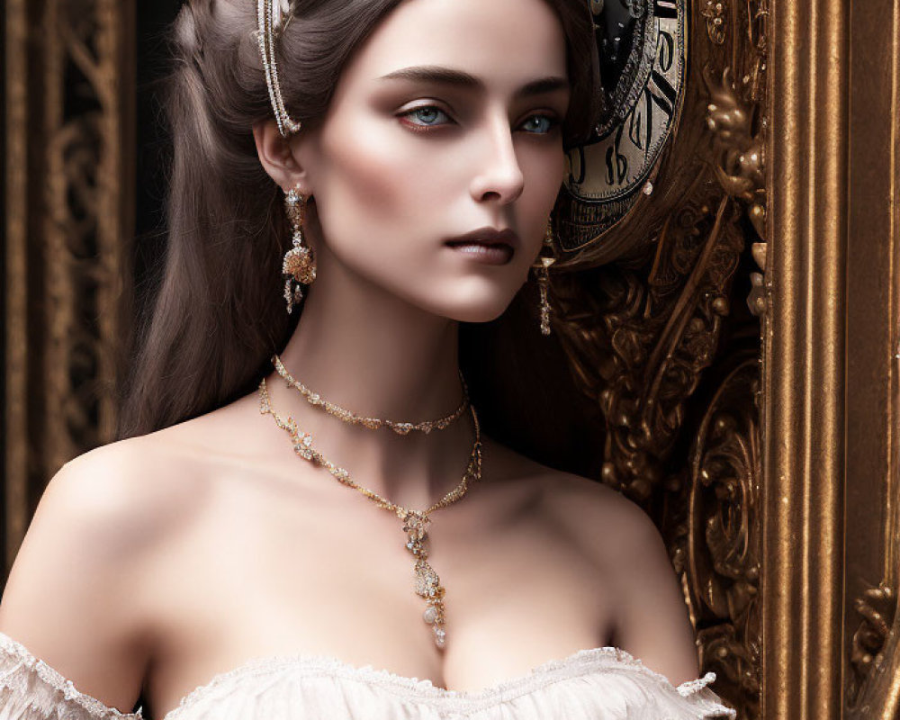 Elegant woman in off-shoulder dress with tiara and antique clock