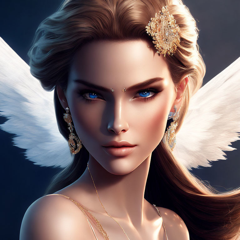 Digital portrait of woman with blue eyes, gold jewelry, and white feathered wings
