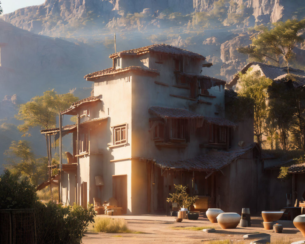 Sunlit Rustic Building with Mountainous Backdrop and Terracotta Pots