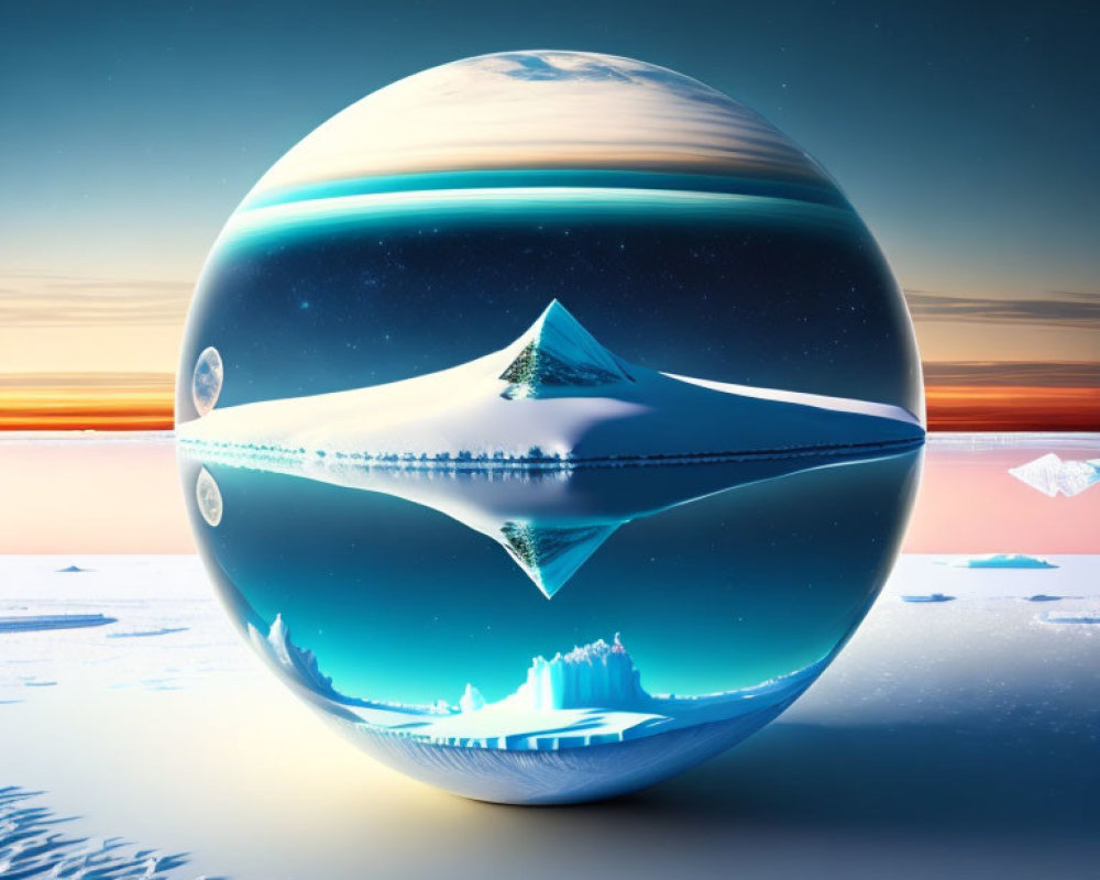 Surreal image of glossy sphere reflecting wintery landscape & mountains