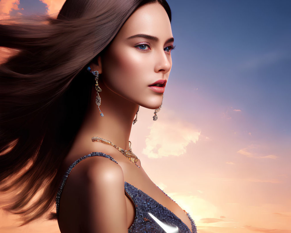 Digital portrait of woman with flowing hair, elegant jewelry, and glittering dress against sunset sky